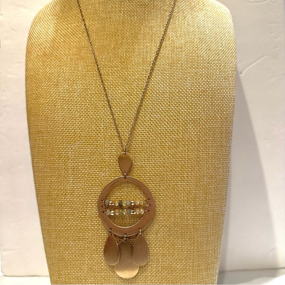 Jade & Jasper Necklace- long gold tone w/ brushed gold beaded pendant teardrop - Picture 5 of 12